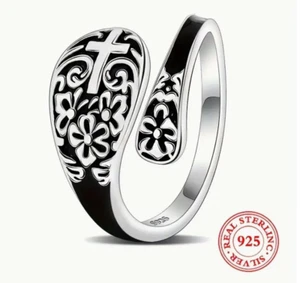 925 Sterling Silver Spoon Ring Cross 18K Gold Plated Black Religious Adjustable - Picture 1 of 3