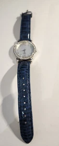 AVON Watch Analog Blue Gator Band Round Face Rhinestones Silvertone Bezel - Picture 1 of 2