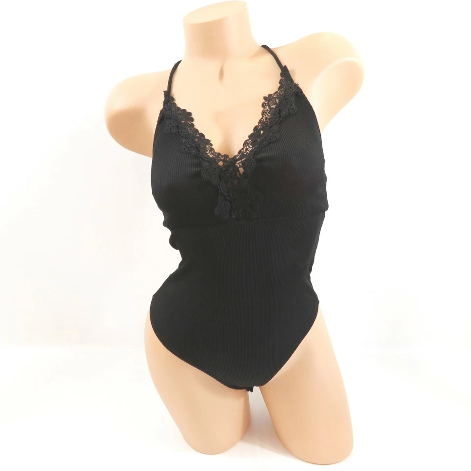 Topshop Bodysuit Top Ribbed Knit and Lace Trim Strappy Straps Black Size US 2