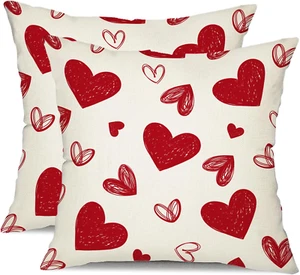Valentine's Day Pillow Covers 18x18 Inch Set of 2 Red Hearts Decor White Throw P - Picture 1 of 11