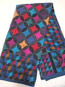 Patchwork Quilt Throw Blanket Cheater Cathedral Window Fabric Hand Stitching Blu - Picture 1 of 21