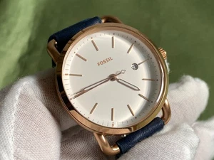 Montre femme Fossil ES4334 cadran blanc bracelet cuir bleu date s/s 5 atm quartz - Photo 1/20