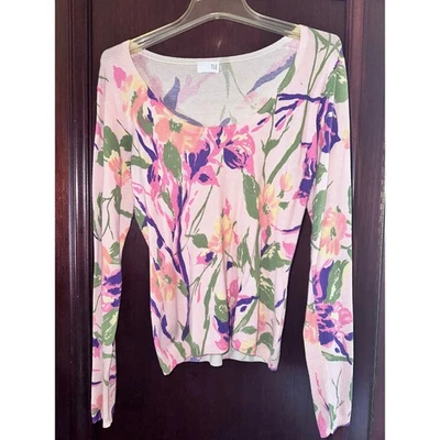VINTAGE TSE PALE BALLET PINK CASHMERE SILK BLEND FLORAL PRINT SWEATER S - Image 1 of 4