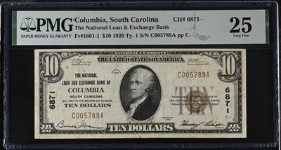 1929 $10 Dollar National Currency Banknote of Columbia SC #6871 Ty 1 PMG 25 - Image 1 of 2