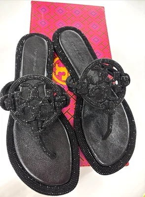 Tory Burch Women's Miller Pave Logo Thong Sandals Perfect Black US Size 8.5 - Image 1 of 4