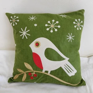 Crate & Barrel Christmas Holiday  Dove Throw Pillow Cover Embroidered Green - Picture 1 of 11