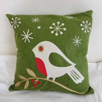 Crate & Barrel Christmas Holiday  Dove Throw Pillow Cover Embroidered Green - Image 1 of 4