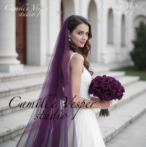 Dark Purple Plum Wedding Veil One Tier Deep Purple Bridal Veil Single Layer Veil - Picture 1 of 15