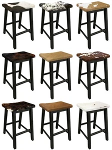 Bar Stool Authentic Cowhide Covered Saddle Seat Style Black Finish Wood 24"-29" - Picture 1 of 10