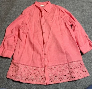 Coral Bay Top Womens P M Petite Medium Button Up Long Sleeve Linen Blend Pink - Picture 1 of 5
