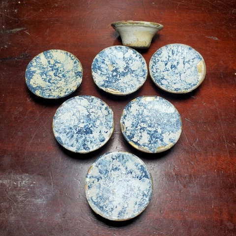 Set of 7 Antique Painted Brass White & Blue Drawer Pulls / Knobs 1 1/2" Diameter Cover