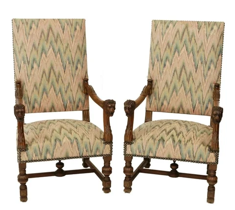Armchairs, Highback, Pair French Renaissance Style, Nail Head, Vintage / Antique Cover