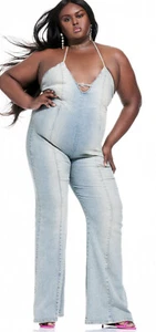 ZARA x BARBIE THE MOVIE ©WARNER BROS NWT DENIM HALTER FLARE JUMPSUIT Sz Medium - Picture 1 of 10