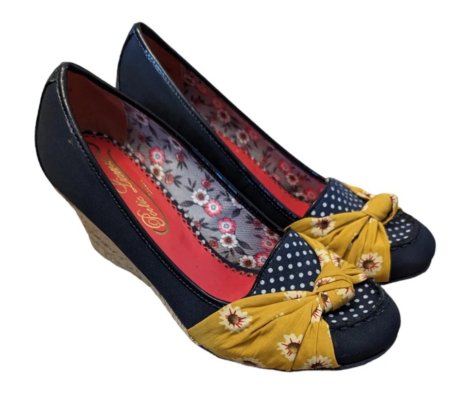 LICENCIA POÉTICA Azul Mostaza Lunares Arco Plataforma Cuña Tacones Zapatos Talla 8.5 Foto 1 de 4