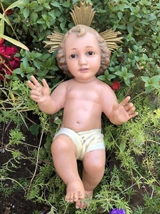 Vintage Plaster Baby Jesus. Glass Eyes. 13 Inch. Olot Spain. Nativity Christmas. - Picture 1 of 24