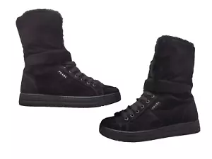 PRADA Womens High Top Sneakers Boots Black Suede Shoes Fur Trainers Sz 35.5 - Picture 1 of 18