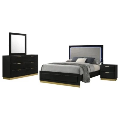 JUEGO DE MUEBLES DE DORMITORIO TOCADOR CAMA N/S LED TELA GRIS ACABADO NEGRO 4 PIEZAS Foto 1 de 4