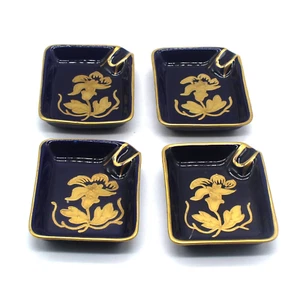 VTG Jimenau Echt Kobalt East Germany Blue Gold Flower Ashtray Trinket Dish Set 4 - Picture 1 of 8