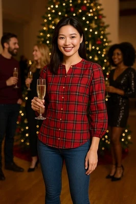 Talbots Petite SP Red Plaid  Button Front Blouse Long Sleeve Metallic Christmas  - Image 1 of 4