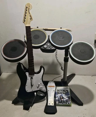 Xbox 360 Rock Band 2 Drum Set Wireless BUNDLE w/ Guitar, Game - Working Read - Image 1 of 4