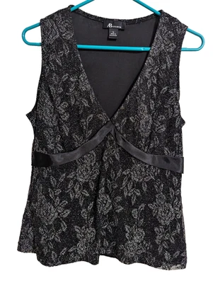 AB Studio Women's Sleeveless Blouse Large Black Lined Pullover Top V-Neck Floral - Image 1 of 4
