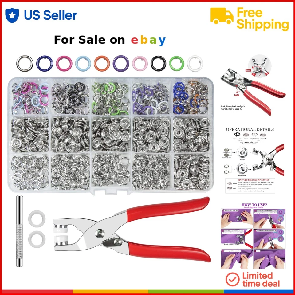 Metal Snap Buttons Kit 200 Sets Copper Aluminum Eco-Friendly Fastener Pliers ... - Image 1 of 4