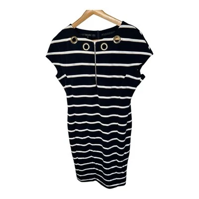 Escada Pencil Dress EU Size 44 XL Grommet Neckline Blue Gold Striped Nautical - Image 1 of 4