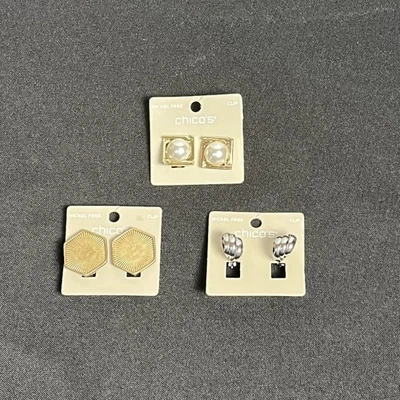 Chico's Clip On Earrings Lot of 3 NWT Gold Silver Pearl Nickel Free - Image 1 of 4