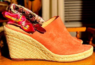 COACH POPPY 8.5 M,SUEDE CORAL WEDGE ESPADRILLES w SILK SCARF WRAPPED STRAP, NWOT - Image 1 of 4