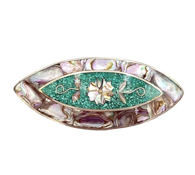 Pinza de pelo ovalada con incrustación de abulón madreperla de alpaca México vintage verde azulado Foto 1 de 4