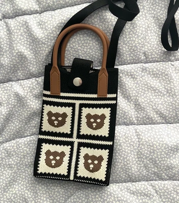 Mini Bolso Bandolera Marrón Negro Tejido Crochet Oso Cartera Mango Lindo Dibujos Animados NUEVO Foto 1 de 4