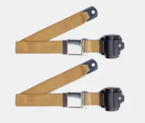 1964-75 FORD MERCURY 2 POINT TAN BUCKET SEAT BELTS MUSTANG FALCON COUGAR BRONCO - Picture 1 of 5