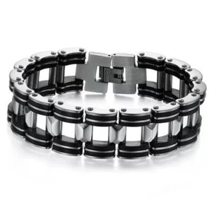 Silver Stainless Steel Motorcycle Biker Chain Black Rubber Link Bracelet for Men - Picture 1 of 6