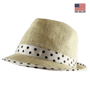 Lino Natural Fedora Borde Lunares Trilby Verano Playa Sol Paja Panamá Sombrero - Imagen 1 de 4