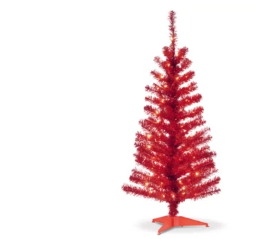 National Tree Co 4' Red Iridescent Tinsel Pre Lit Tree Plastic Stand New  - Image 1 of 3