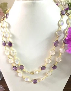 Solid 925 Sterling Silver Lavish  long chain Amethyst ,MoonstoneJewelry necklace - Picture 1 of 4