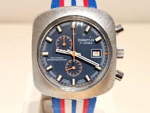 VINTAGE RARE SWISS MEN'S MECHANICAL CHRONOGRAPH WATCH "DIANTUS" 17J./BLUE DIAL - Picture 1 of 19