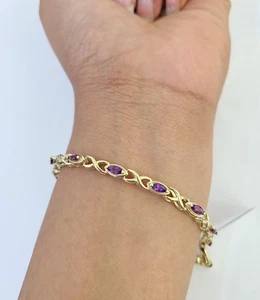 Real 10K Yellow Gold Purple Tennis Bracelet 4mm 7.5 Inches 10kt Gold - Picture 1 of 8