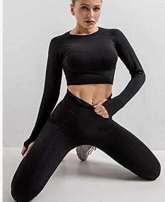 Workout set size Small seamless black 2 pieces crop Top high Waisted leggings - Image 1 of 4