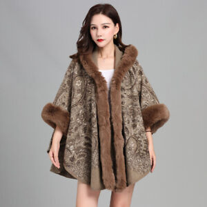 Women's Floral Faux Fur Loose Sleeves Cloak Outwear Fashion Warm Cape Coat