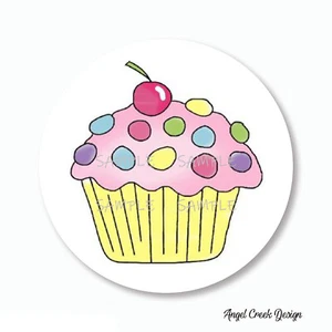 BIRTHDAY PARTY CUPCAKE FAVORS POLKA DOT CUPCAKE SCRAPBOOK STICKERS ROUND - Picture 1 of 1