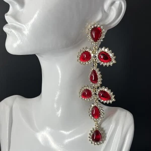 Gripoix Glass Statement Earrings Red CZ Rhinestone Gold Tone Long Runway Pierced - Picture 1 of 7