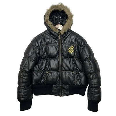 Rocawear Jacket Women XL Real Leather Puffer Hooded Removable Fur Urban Hip Hop - Image 1 of 4