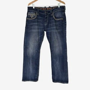 Rock Revival Mens Dan Jeans 34x30.5 Relaxed Straight Fit Distressed Dark Wash - Picture 1 of 12