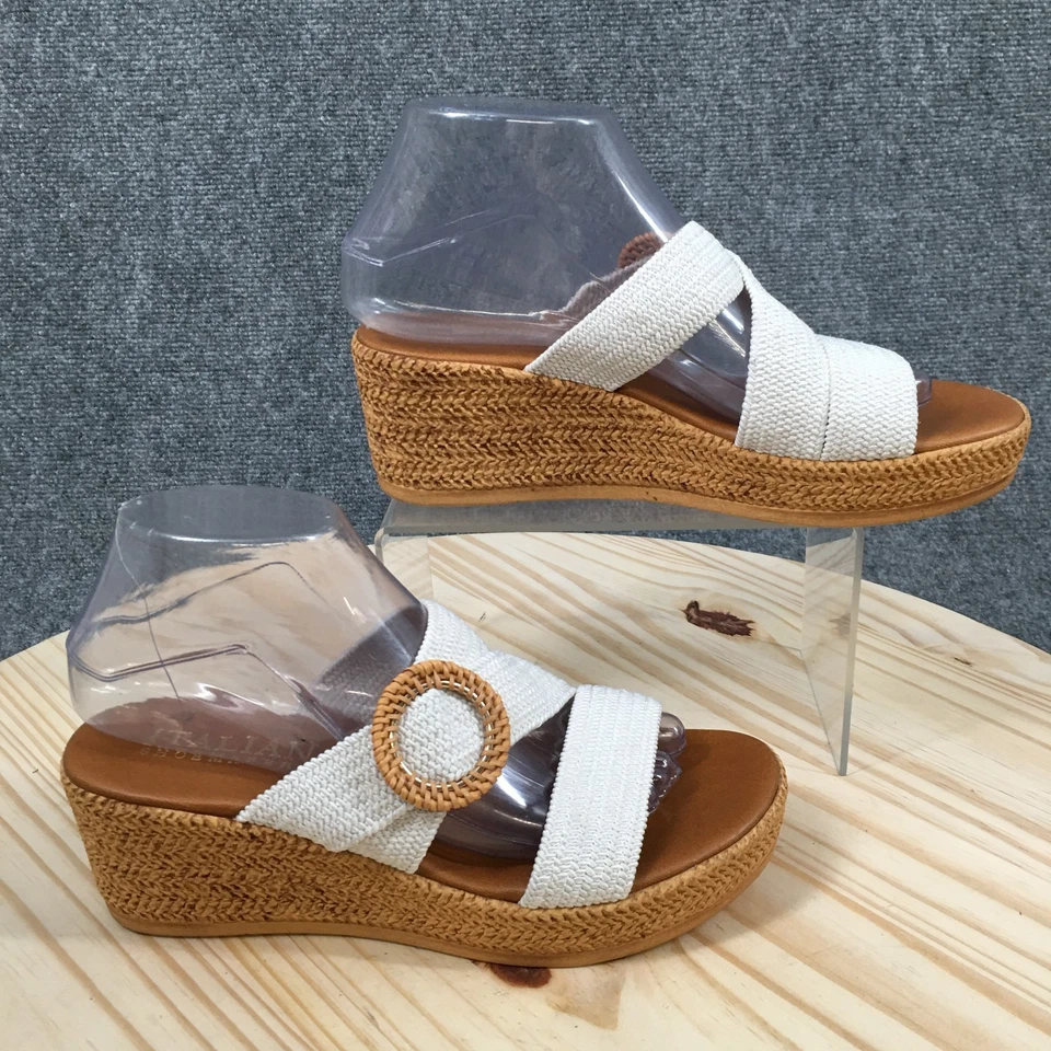 Sandalias Italianas Zapateras Mujer 8.5 Grania Sin Cordones Cuña Deslizable Blanco Marrón Foto 1 de 4