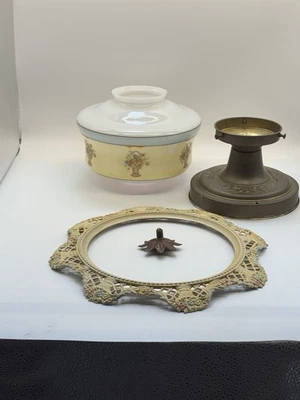 Antique Hand Painted Floral Glass Shade Art Deco Flush Mount Brass Light Fixture - Image 1 of 4