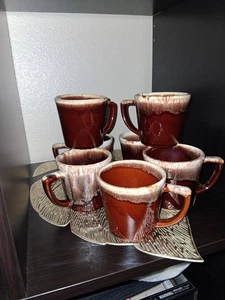 Vintage McCoy Braun Tropfglasur Quadratischer Griff Kaffeetassen 6er Set + 1 Keramik USA - Bild 1 von 8