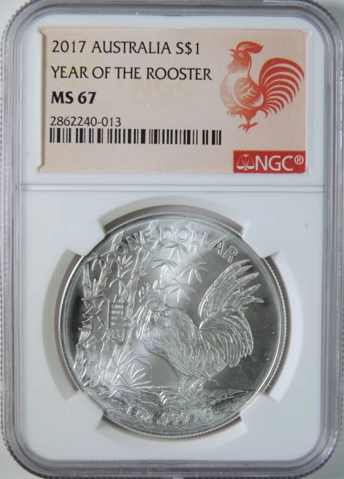 2017 Australia Year of The Rooster 1oz .999 Silver $1 One Dollar Coin NGC MS67 - Image 1 of 4