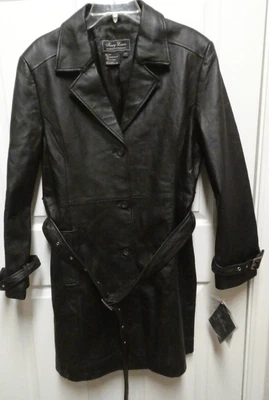 NWT Womens Terry Lewis  Black Leather Trench Coat Belt Buttons Size Medium - Image 1 of 4