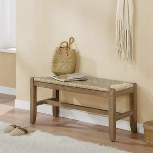 Rustic Wooden Bench w/Natural Seagrass Rush Seat Coastal Farmhouse Decor, 40"W - Picture 1 of 12